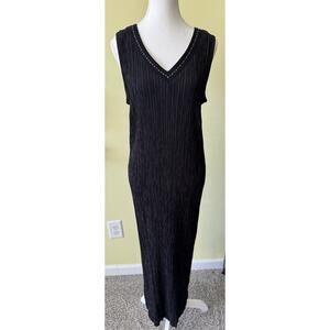 Norton Studio Woman 1X Blck Crinkle Maxi Dress Gold Stitching Sleeveless Stretch